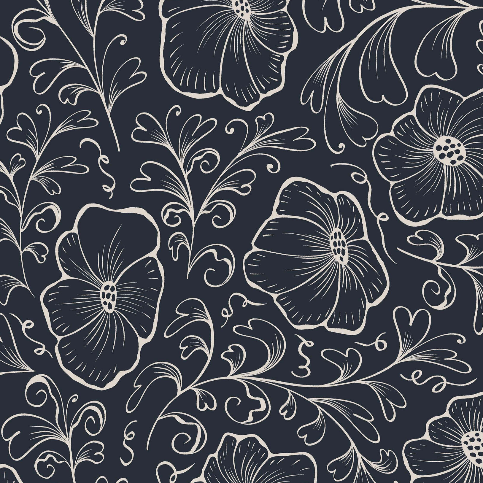 Sketchy Floral and Vine in Deep Blue